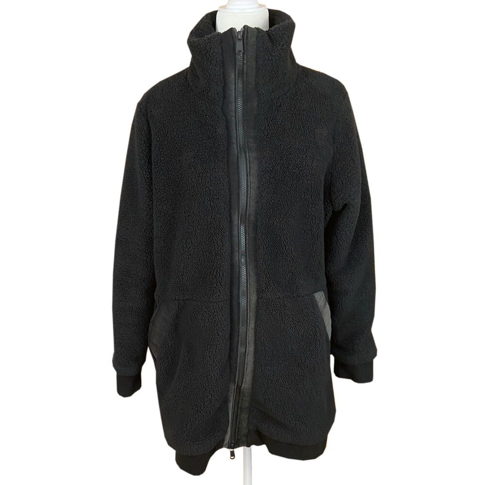 Athleta Tugga Coat Size L Black Sherpa Full Zip High Collar Pockets Cozy